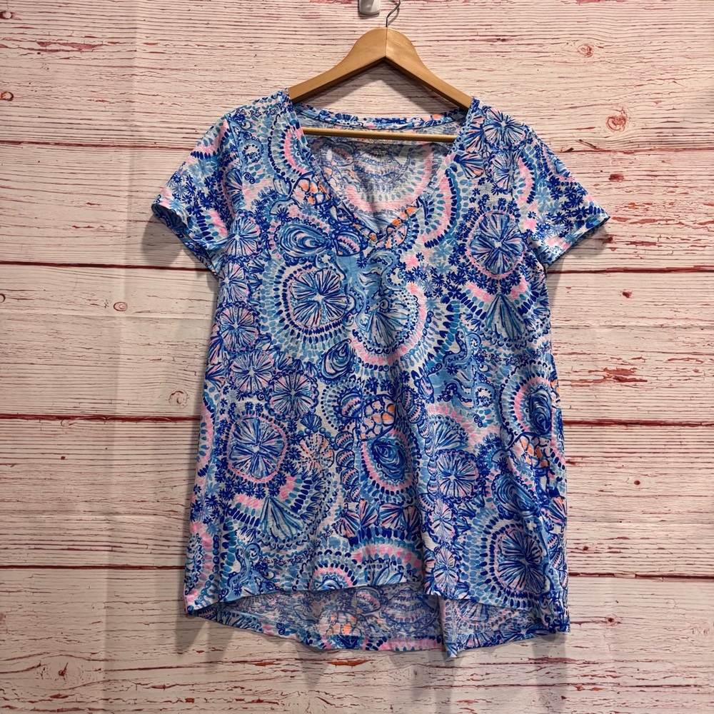 Lilly Pulitzer Etta V Nack Top in Blue Grotto Commotion In The Ocean Sz L - Picture 5 of 10